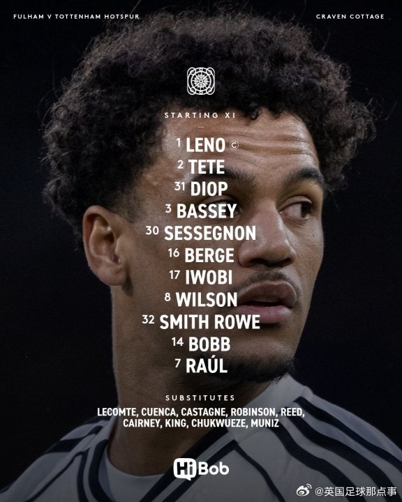 富勒姆vs热刺 首发阵容⬇️富勒姆首发：1-莱诺、2-泰特、31-迪奥普、3-巴