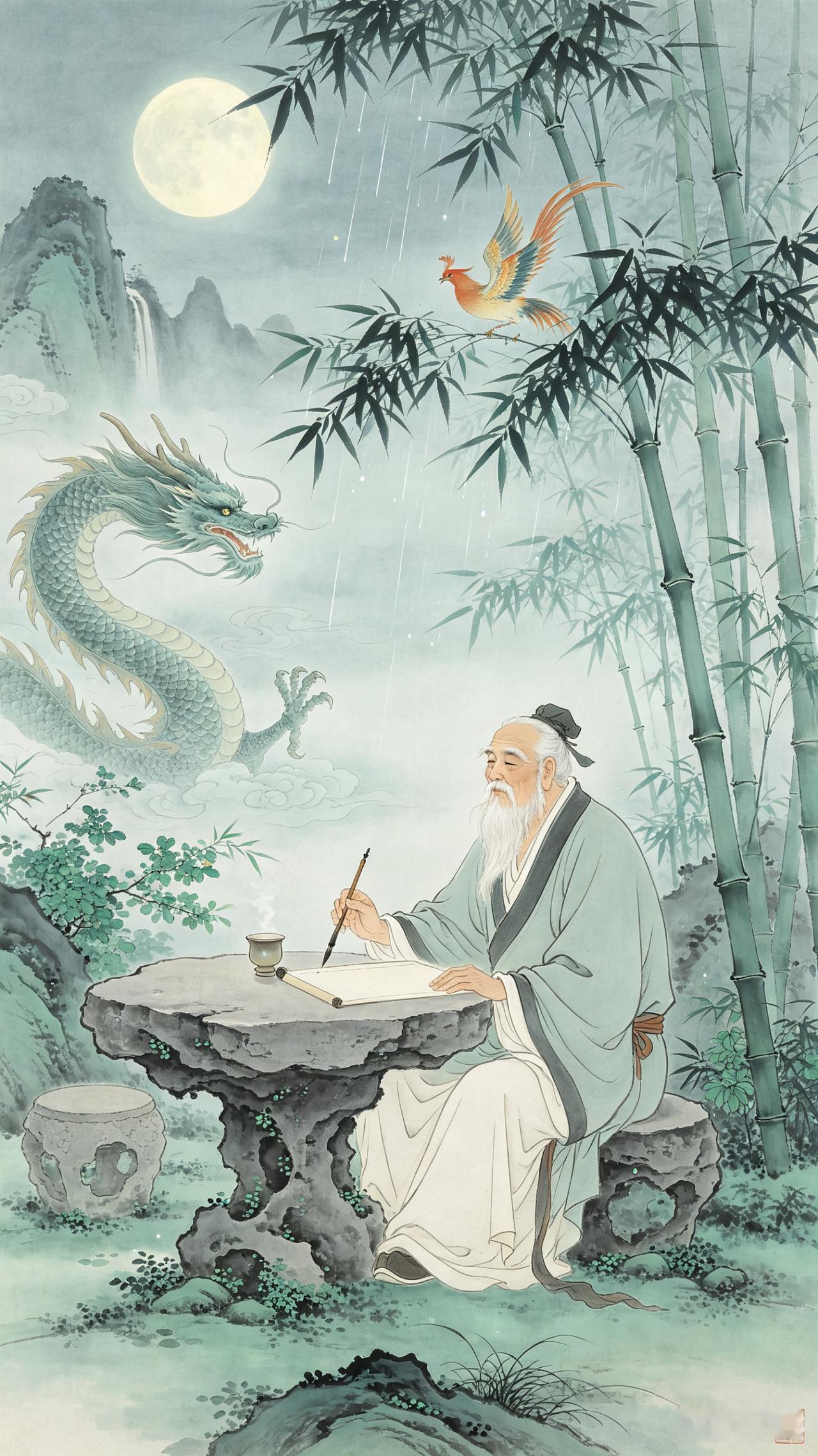 《双调》沉醉东风息斋画竹、徐再思。
葛陂里神龙悦形，
丹山中彩凤栖庭。
风吹粉箨