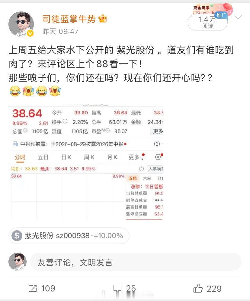 拍拍打脸喷子们！上周五给你们公开的紫光股份我就有明确说过，三天必吃5%—17%！