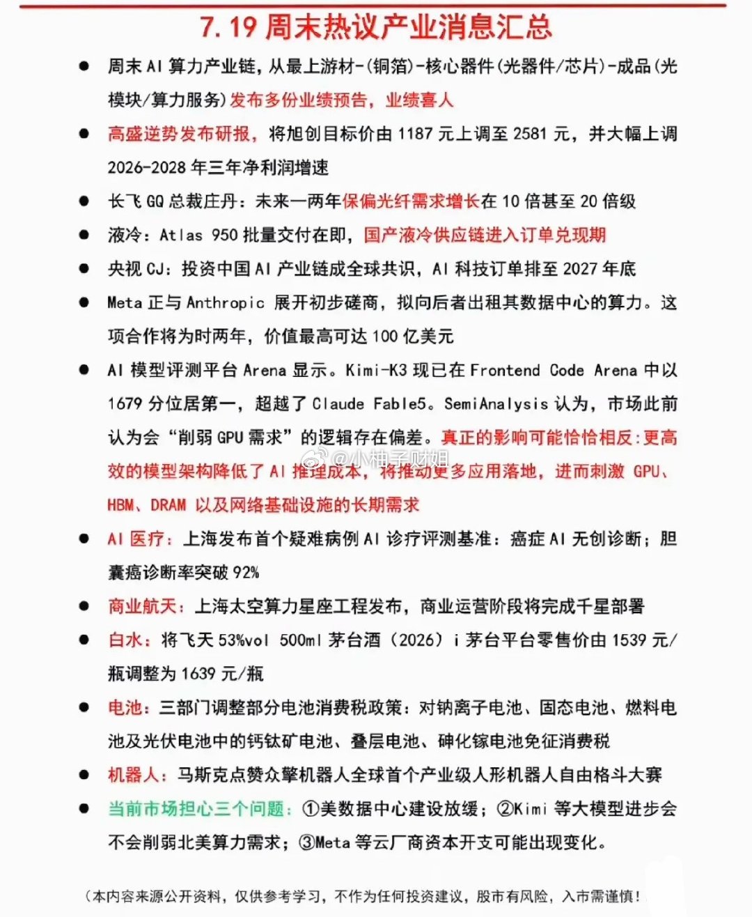 7.20周一  周末：财经热点+信息参考！1.太空算力2.保偏光纤3.白酒龙头涨