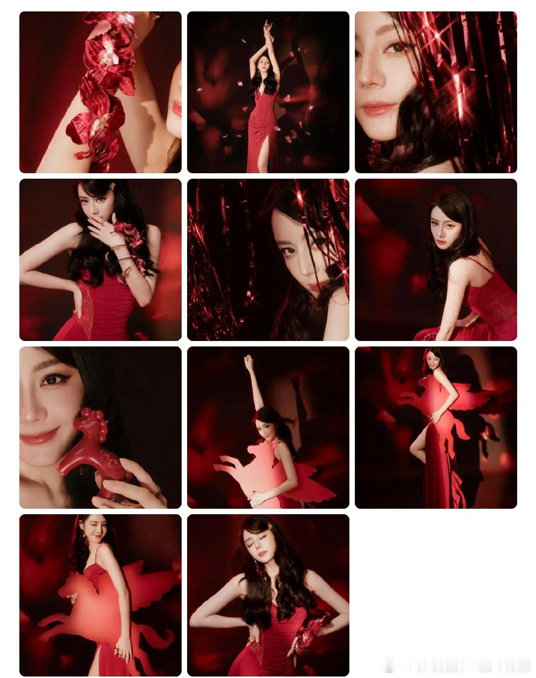 迪丽热巴马年写真迪丽热巴热烈红裙红色是马年的开场白，也是新岁的期许?定格热烈的红