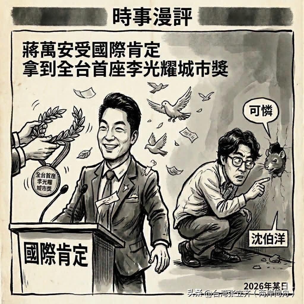 一边是蒋万安站在“国际肯定”讲台前，手握全台首座李光耀城市奖，白鸽环绕，收获全球
