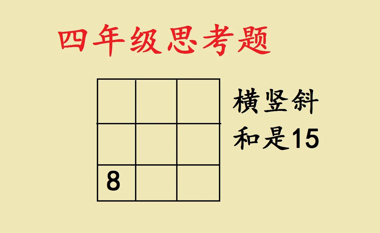 这绝对是一道难度很大的题目，如果不了解三阶幻方，这道题你要思考很久。

四年级数