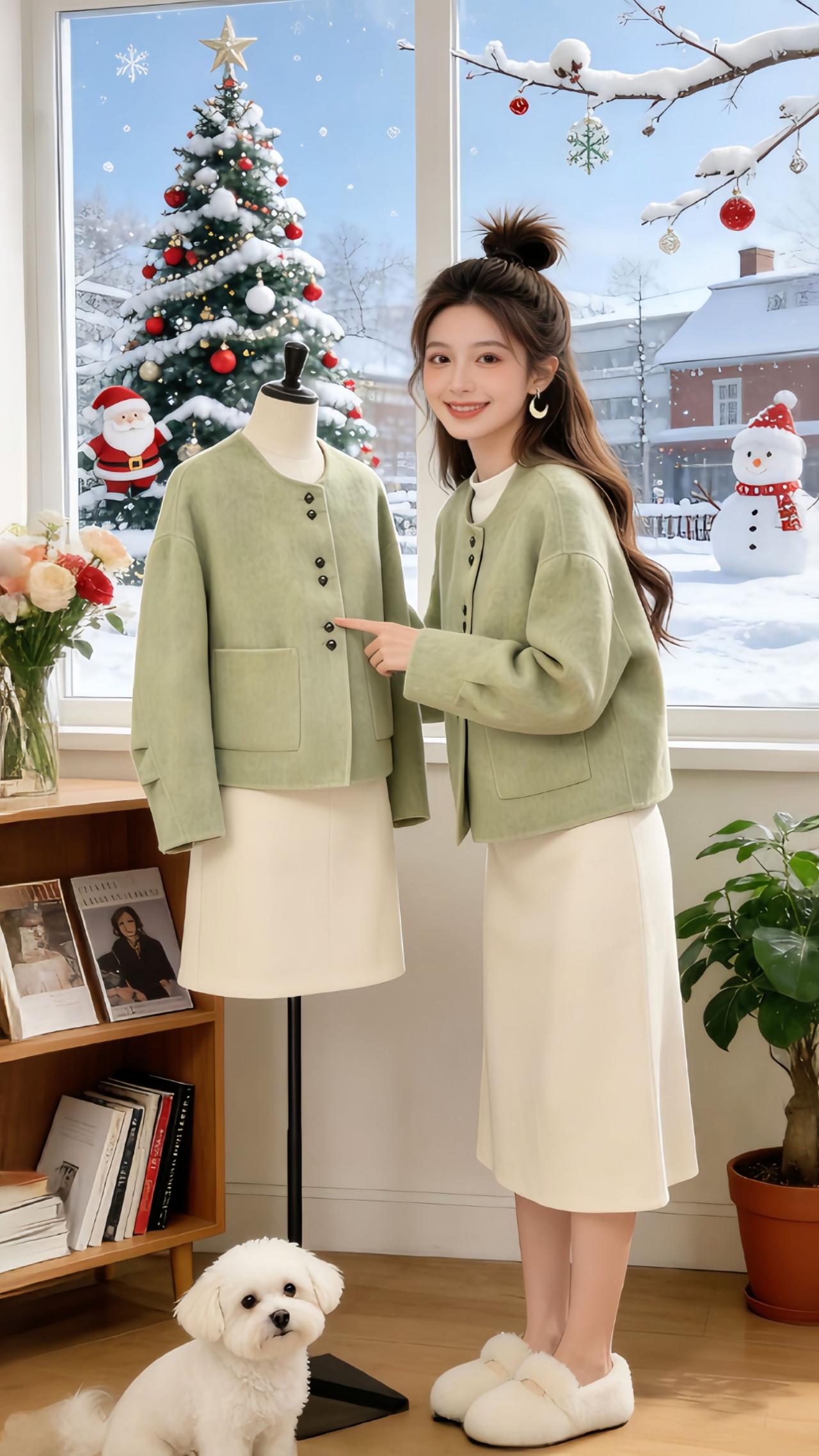 谁懂啊！Danny这件麦田绿小香风双面呢外套，直接戳中冬日温柔审美！半扎丸子头+