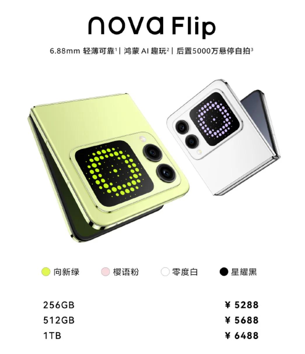 华为nova Flip价格发布（麒麟8000）
8G+256G 5288元
12