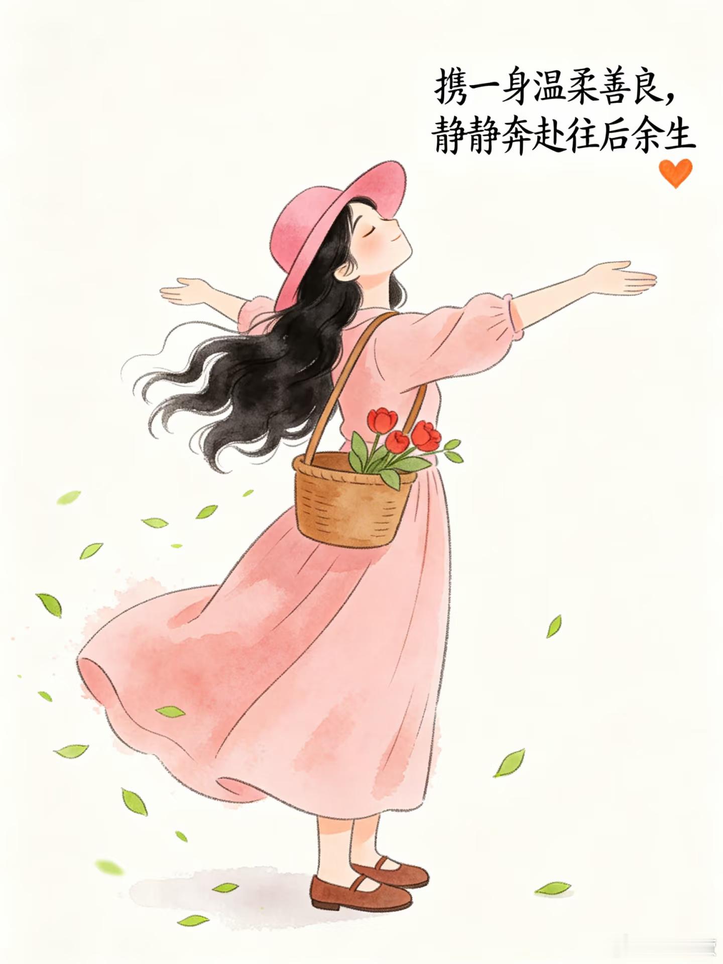 🌸粉裙像揉碎的晚霞，草帽载着春天的诗行。风来便起舞，花谢也从容，日子本就该这样