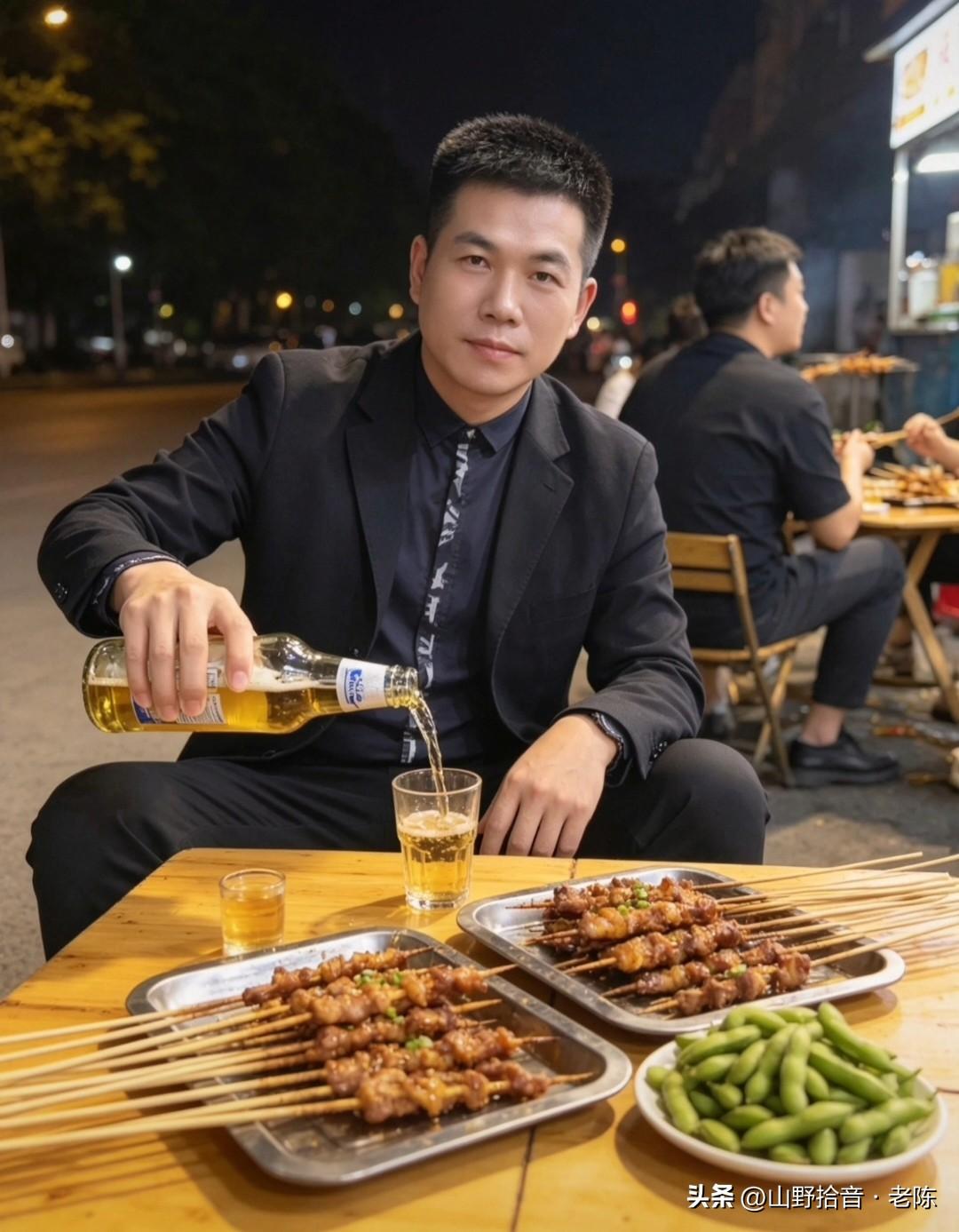 白天归顺生活，夜晚臣服灵魂。西装是穿给别人看的，烤串是慰劳自己的。这一杯，敬过往