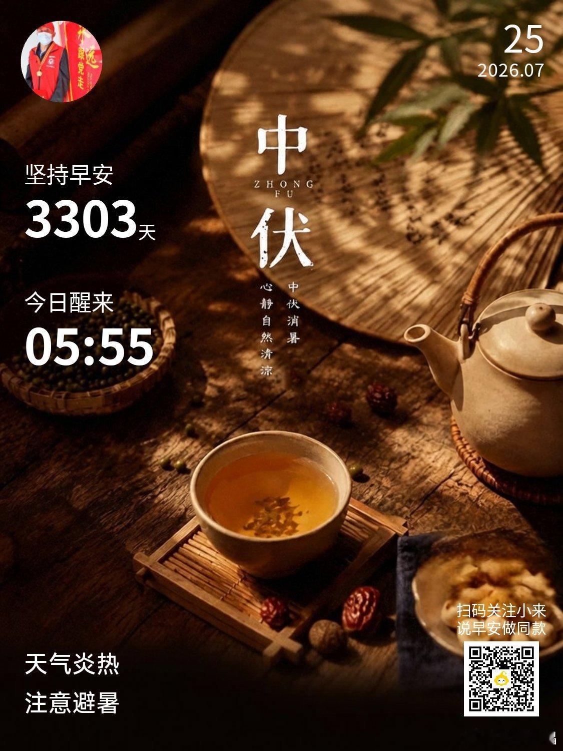 早安你已连续早安问候3303天，昨晚睡了7小时25分钟。中伏今日中伏，烈日炎炎暑
