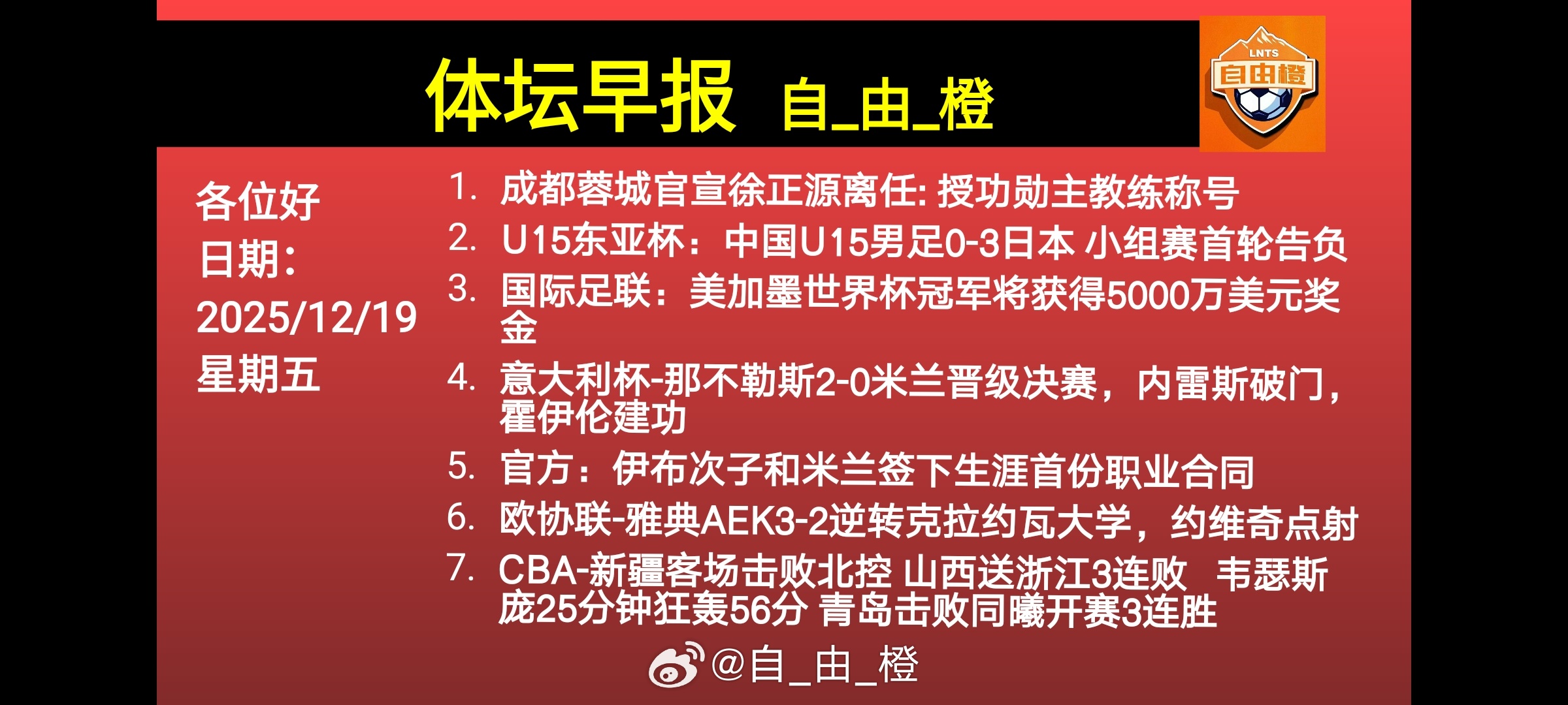 🌐《自由橙足球早报》 12.19 周五➭意大利超级杯，那不勒斯2-0米兰晋级决