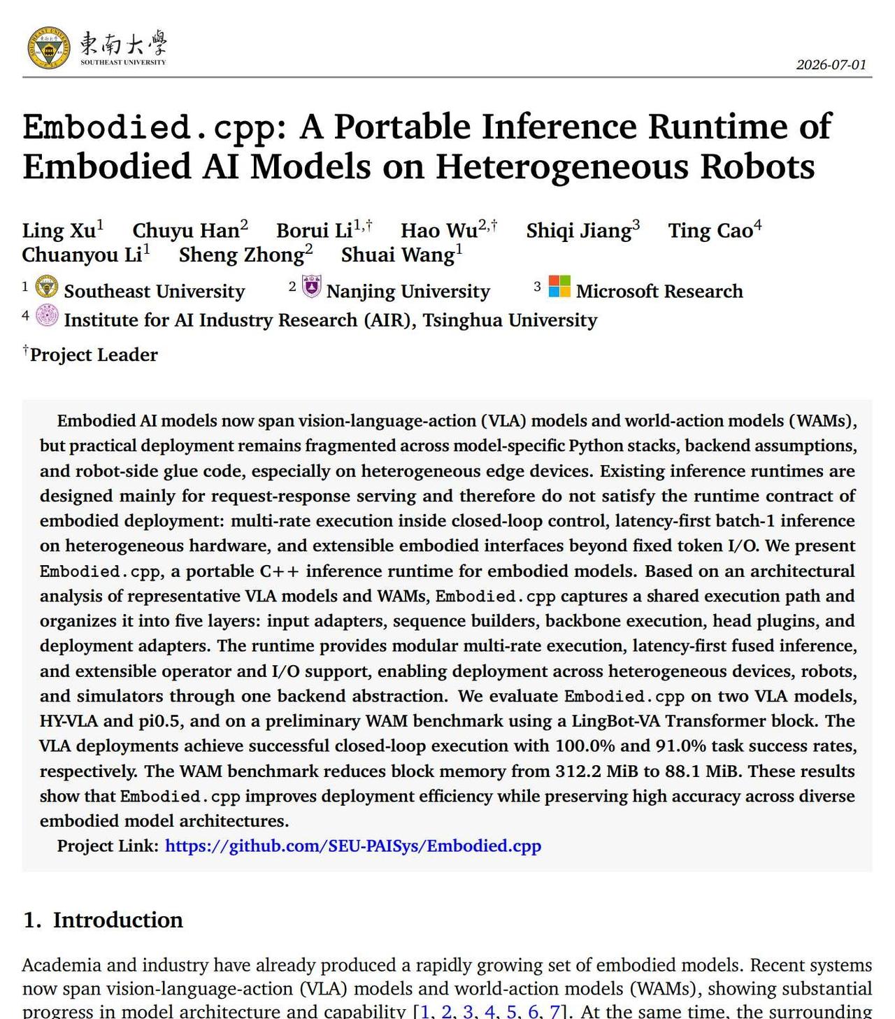东南大学Embodied.cpp：具身别卡在部署上
具身智能模型越来越多，从 V