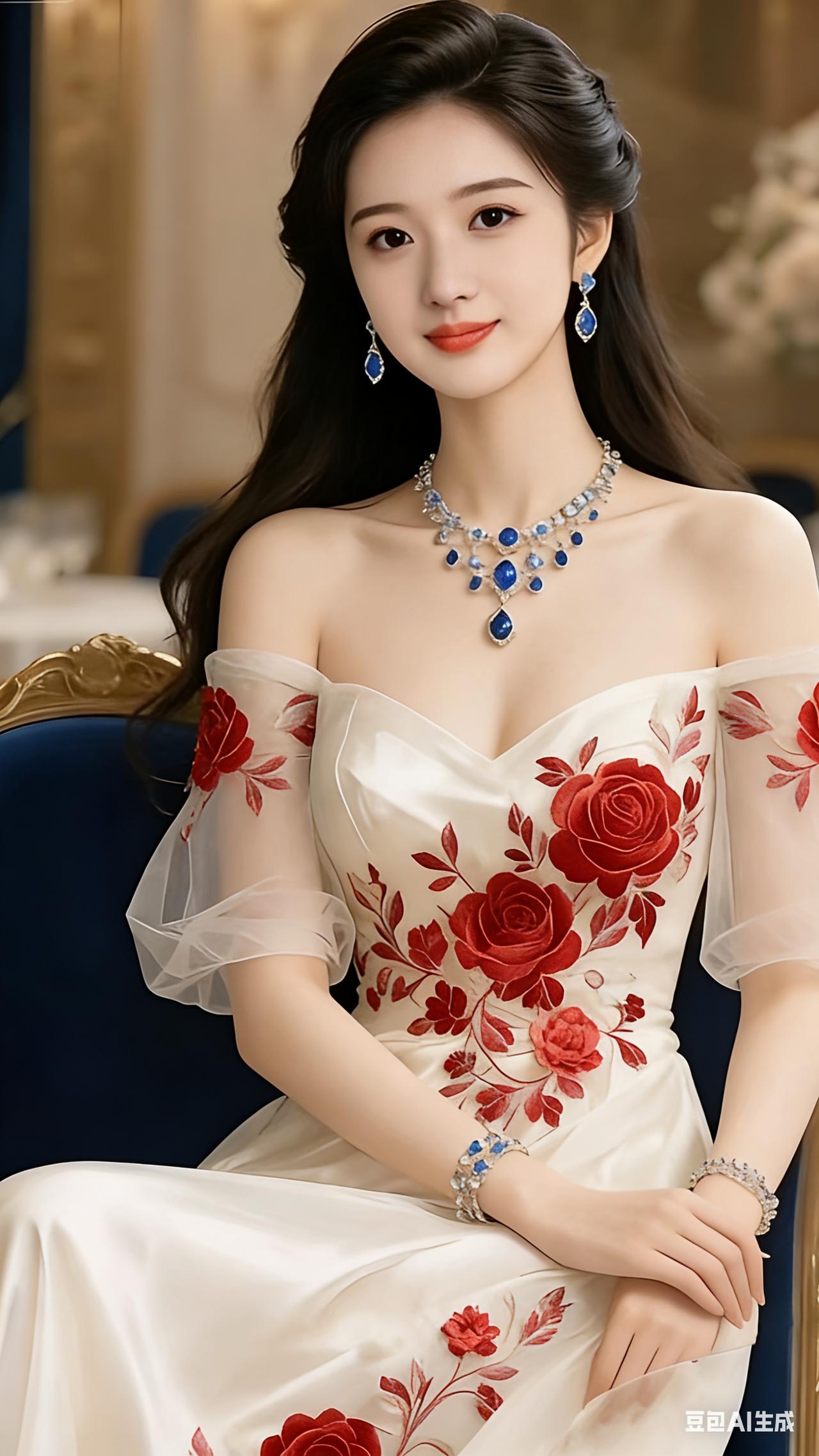 高挑女子身姿挺拔，坐姿优雅端庄。一袭裙装缀满明艳红色花朵，衬得肌肤胜雪，气质温婉