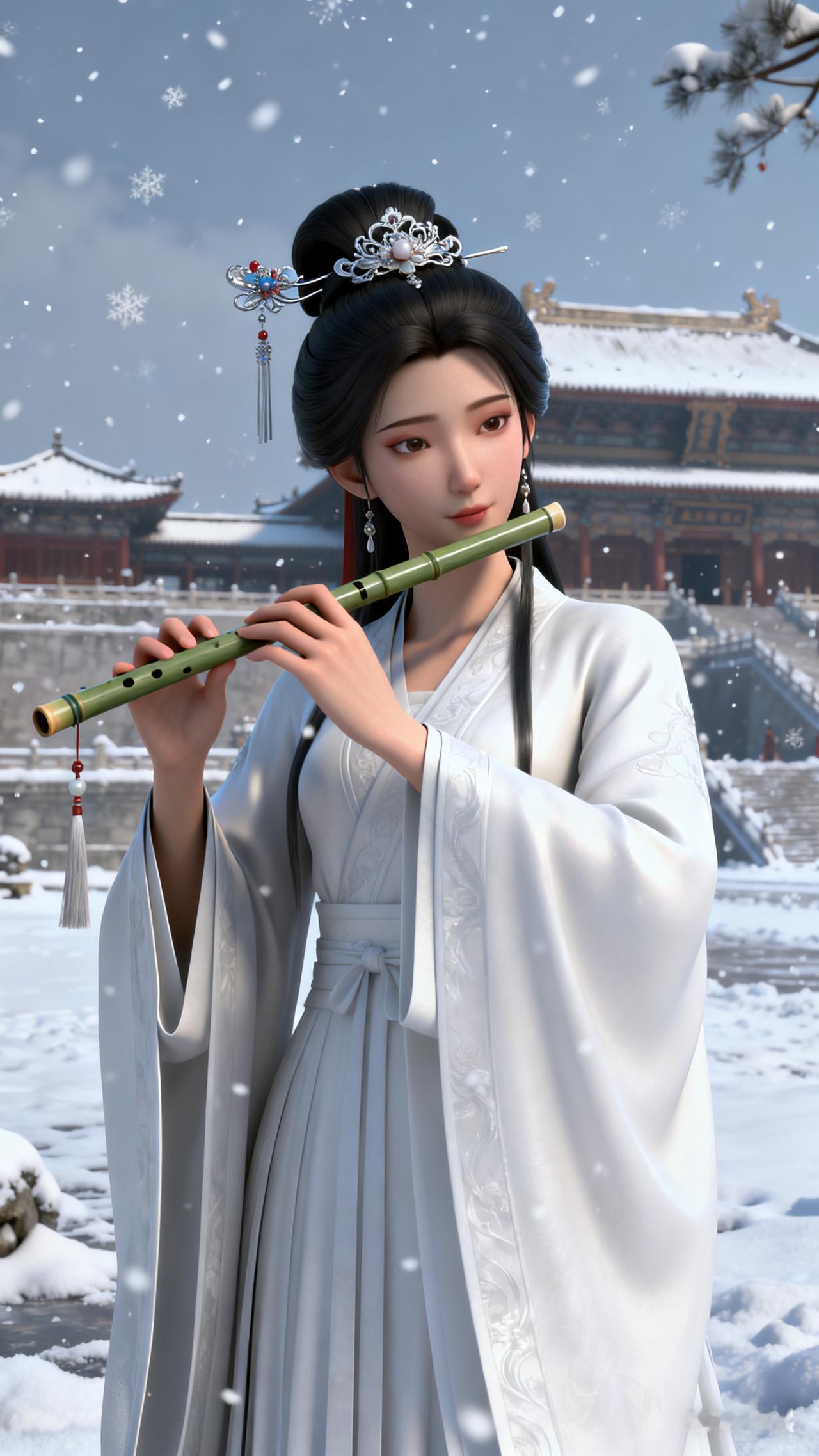 古风，三维画风，长乐宫城，发簪，汉朝长公主，姿色绝美，温婉娇美，雪天，，白色长汉