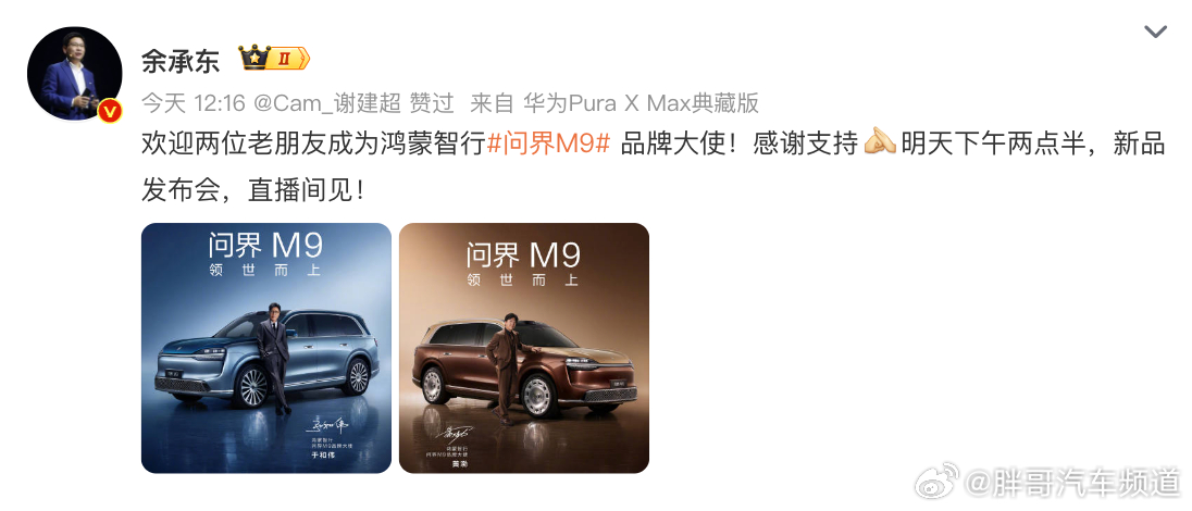 胖哥汽车频道 问界M9官宣双品牌大使 两位实力派演员，对应问界也是实力派 余承东