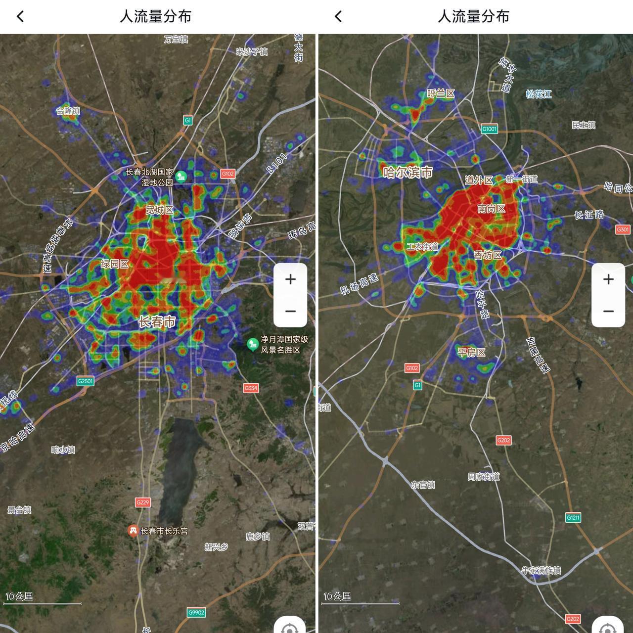 从城市热力图看长春与哈尔滨的繁华程度，我感觉这两个城市特色鲜明。仔细观察长春市区