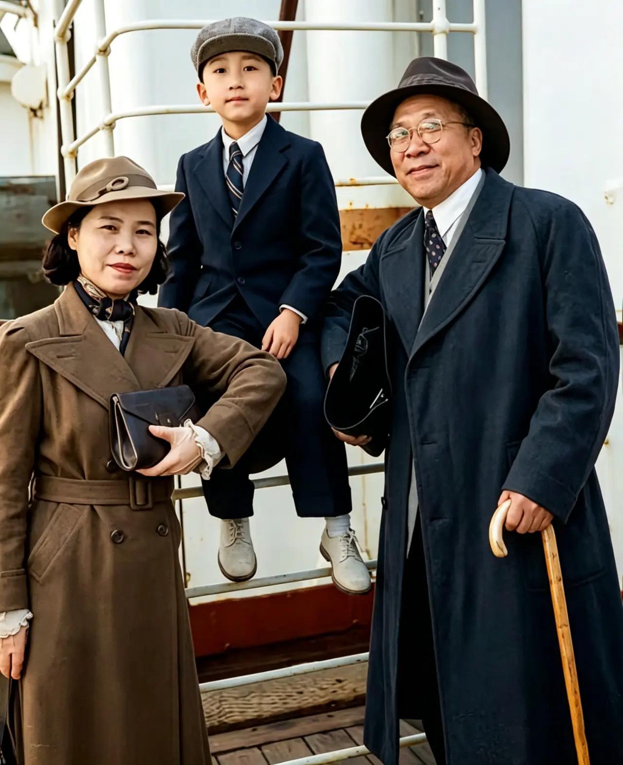 1937年，杨虎城携妻子谢葆真，儿子杨拯中回国抗日途中留影。由于西安事变，蒋介石