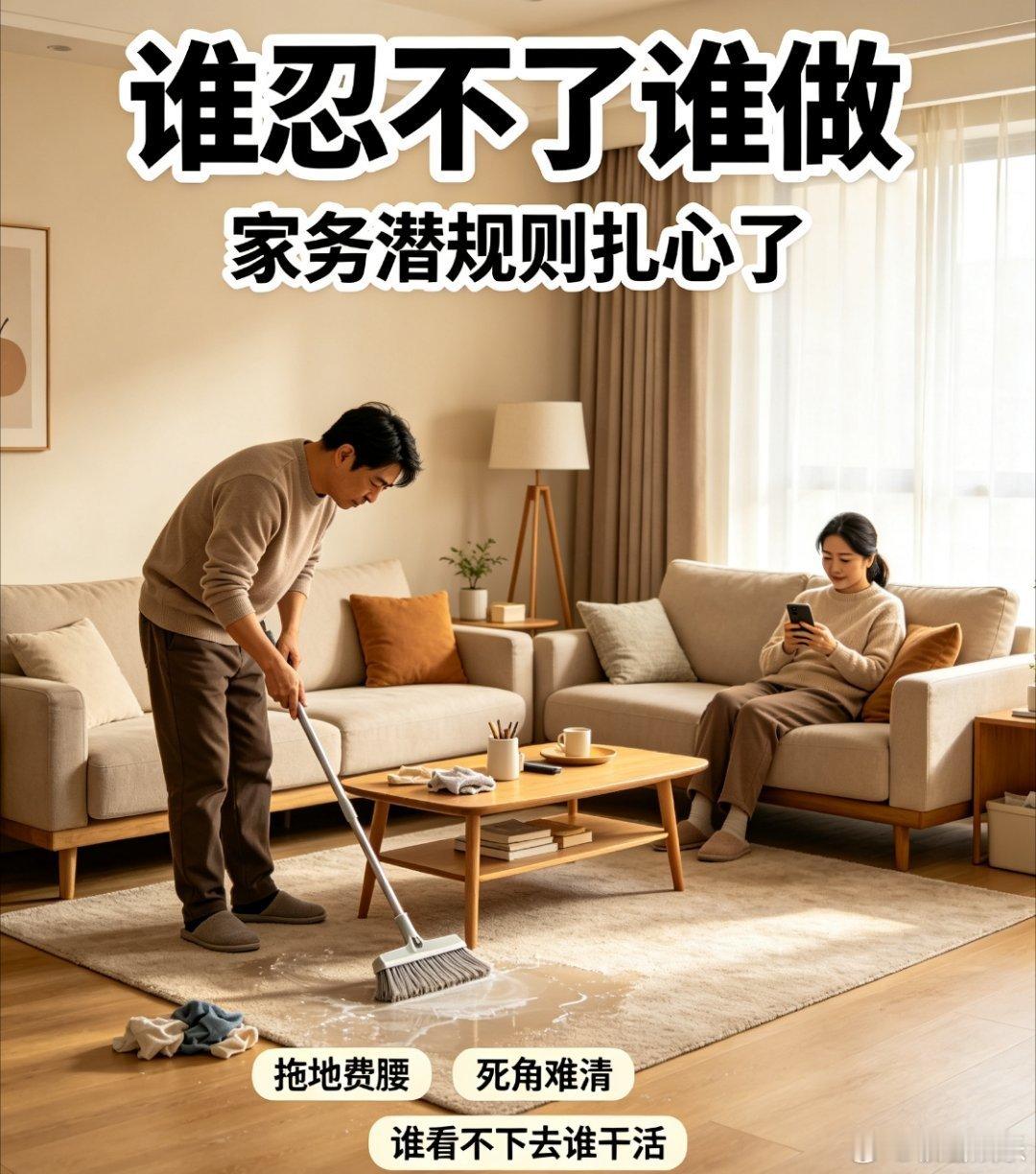 家务潜规则谁忍不了谁做家里谁忍不了谁干活，拖地累人工具差，两代人想法不同，家务争