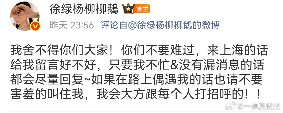 柳柳离开小屋前的48小时柳柳说： 我舍不得你们大家！你们不要难过，来上海的话给我