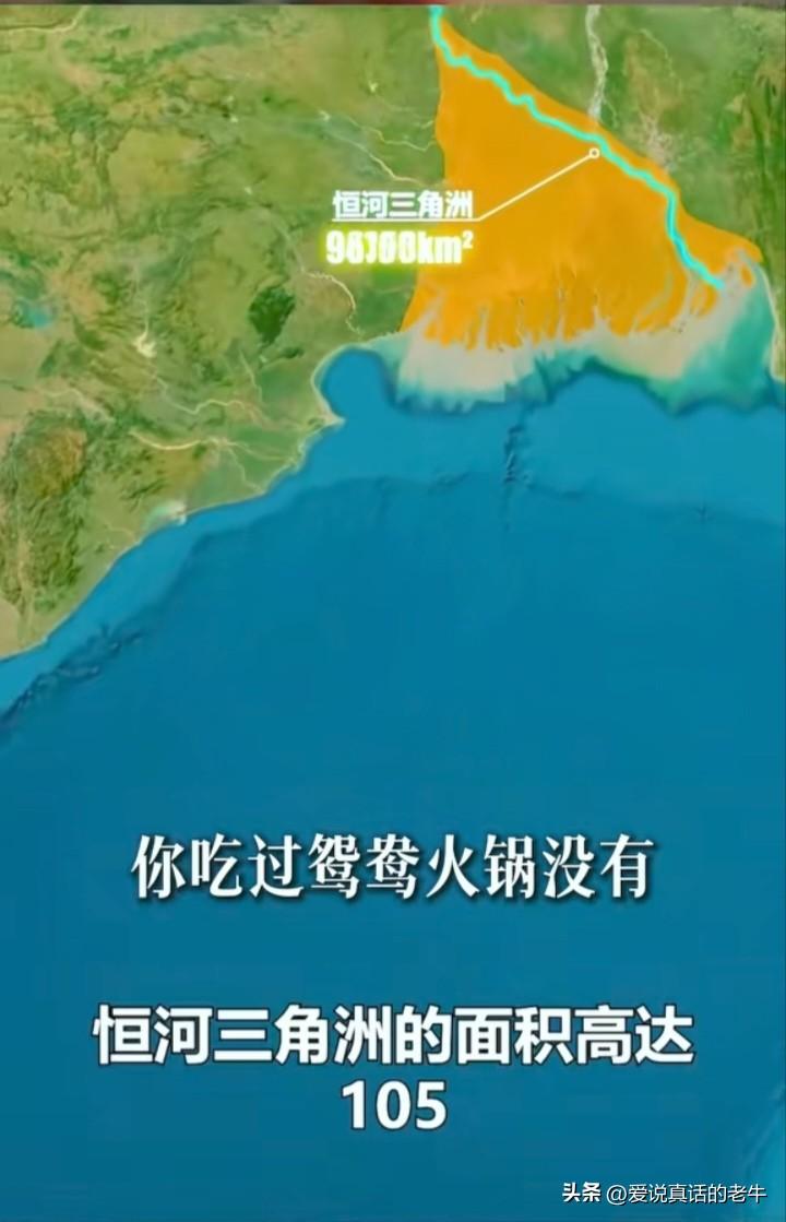 从飞机上看印度恒河汇入孟加拉湾的入海口，就像鸳鸯火锅，一边是屎黄色，一边是碧蓝的