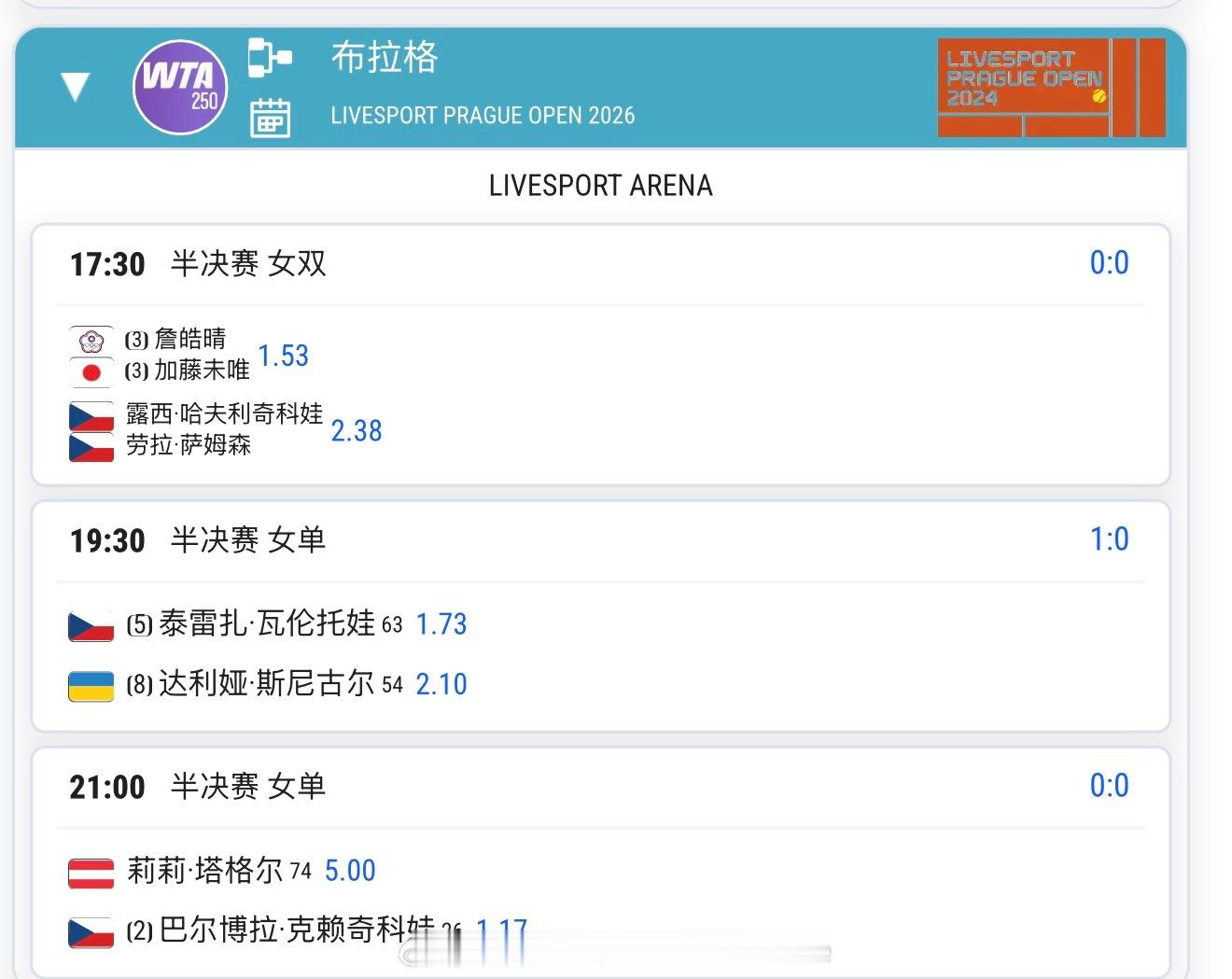 【20260725日比赛赛程+直播赛程】21:30克雷吉茨科娃vs塔格尔 
