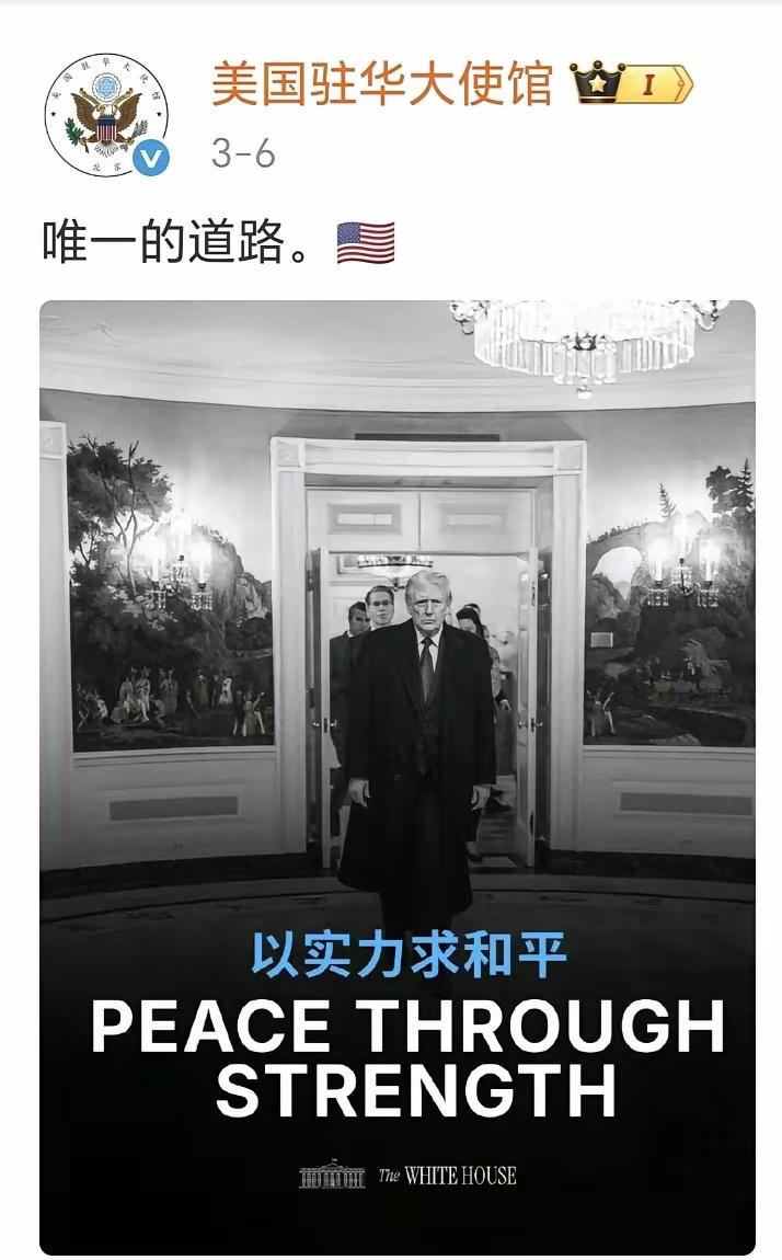 美国驻华大使馆：以实力求和平，是“唯一的道路”。
评几句：美国驻华大使馆的这句话