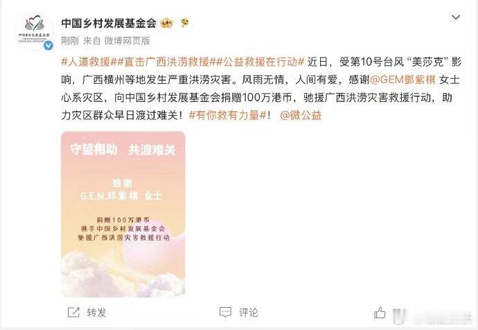 邓紫棋捐款100万港元驰援广西洪灾 100万港币不是小数目，姐姐这份善心会化成力