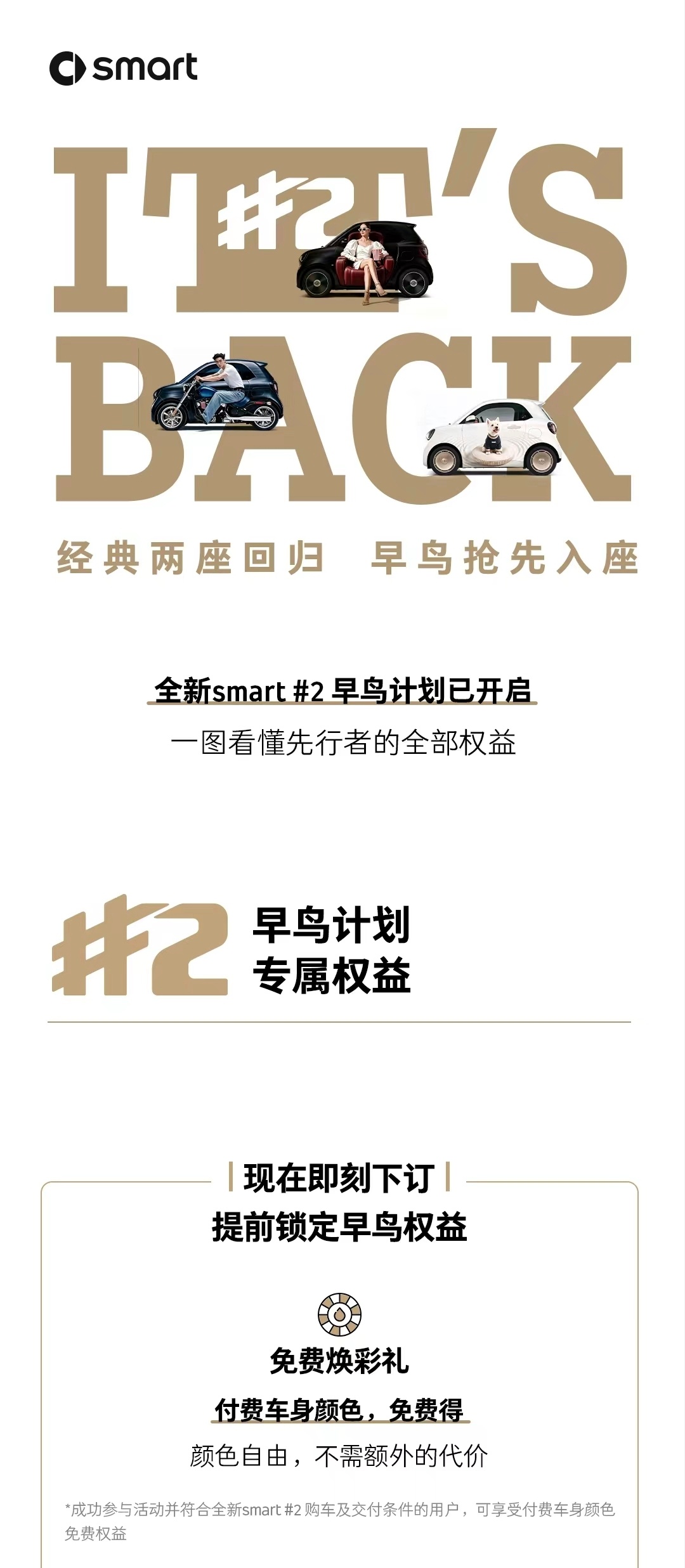 smart精灵2号搞了个早鸟计划，现在交298预订，上市后可以免费选付费颜色。这