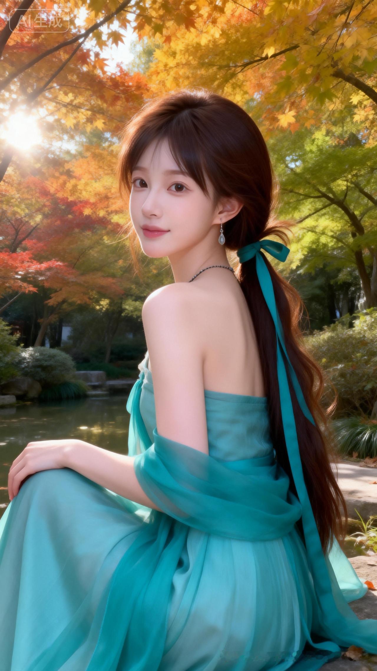 秋日园林光影斑驳，美女露肩长裙贴合傲人身材，栗棕发带随性束发，眉眼忧郁妖冶又纯欲