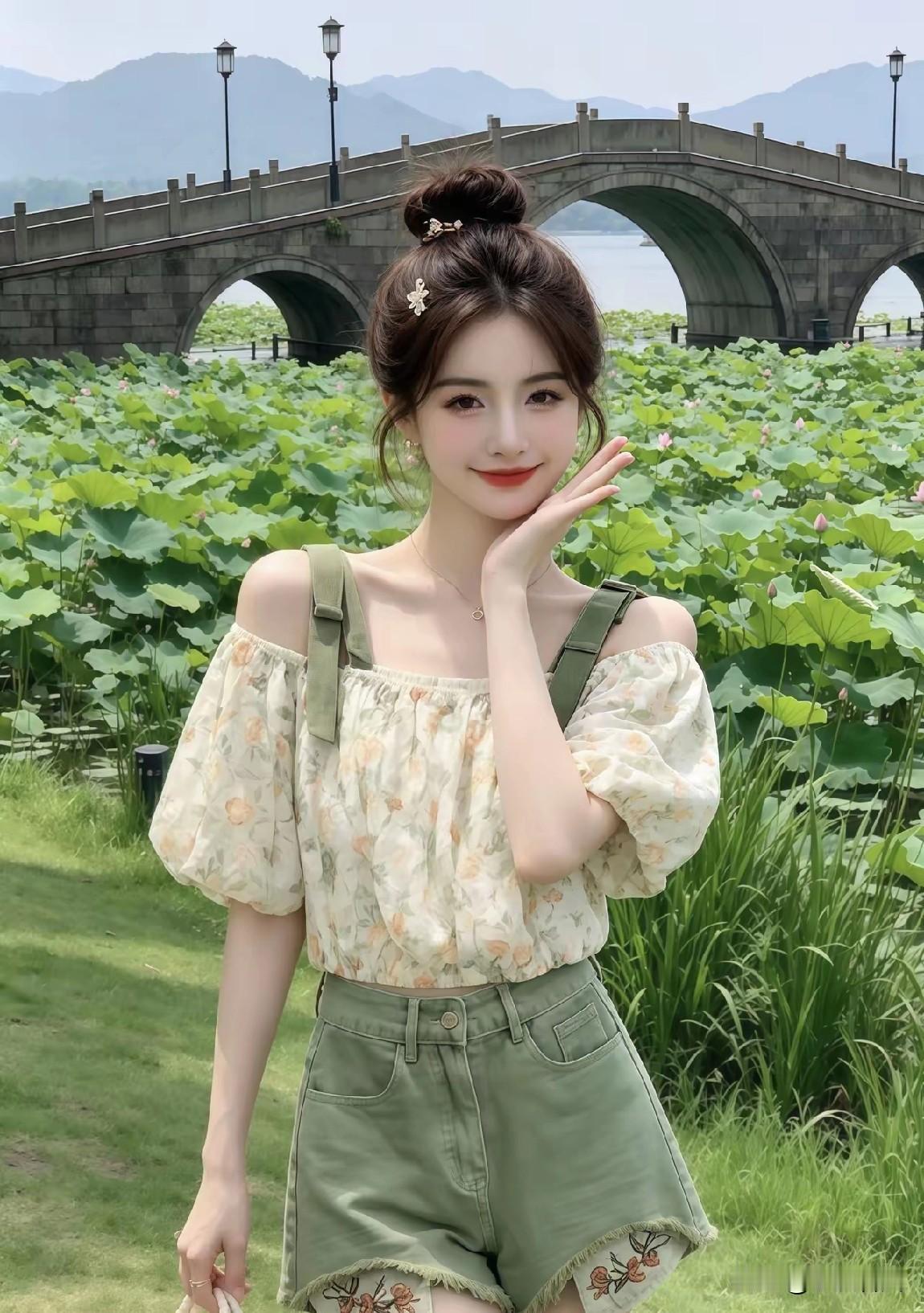 题图～如梦令
青伞摇风香度，
桥影跨堤凝伫。
浅笑站花前，
衣袂暗藏清露。
休去