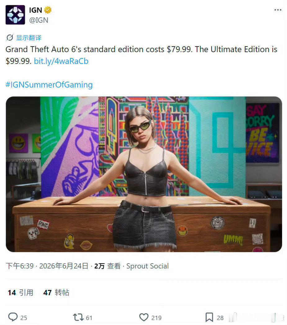 《GTA6》售价公布：标准版售价79.99美元（约合人民币543元）；终极版售价