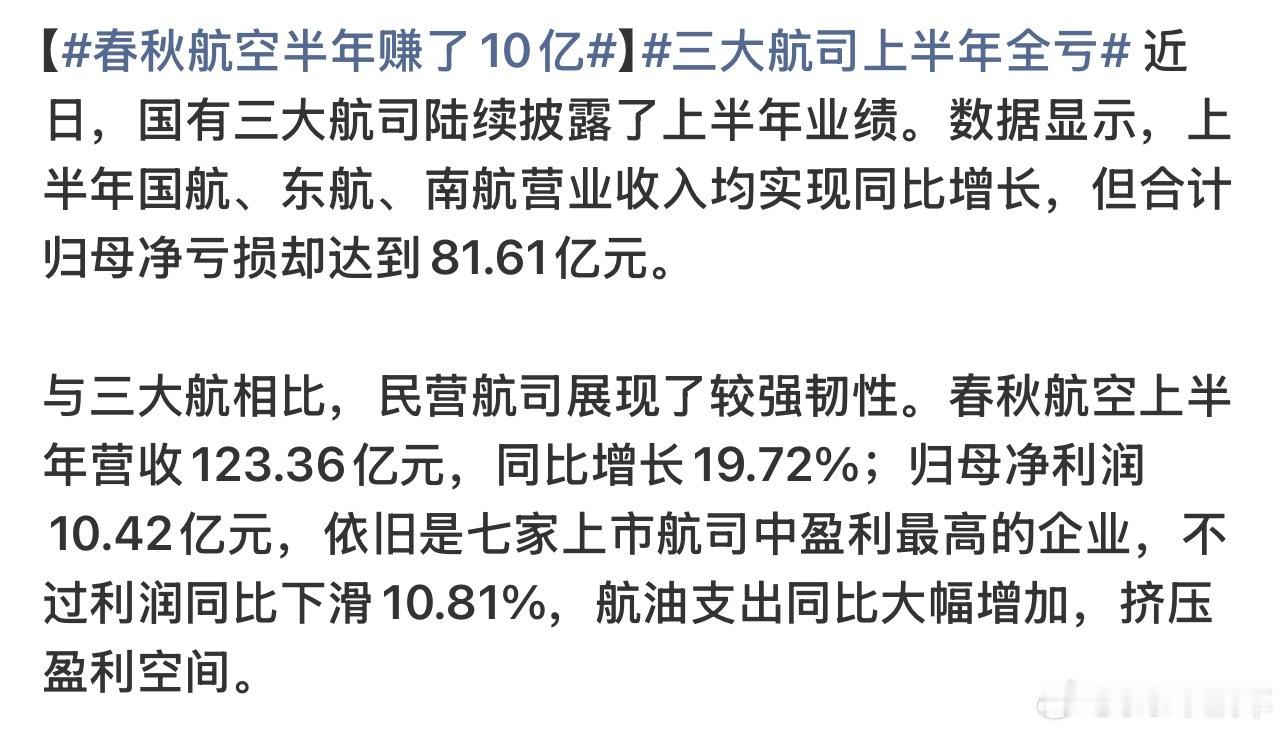 春秋航空半年赚了10亿春秋航空交出2026半年成绩单，上半年营收123.36亿元