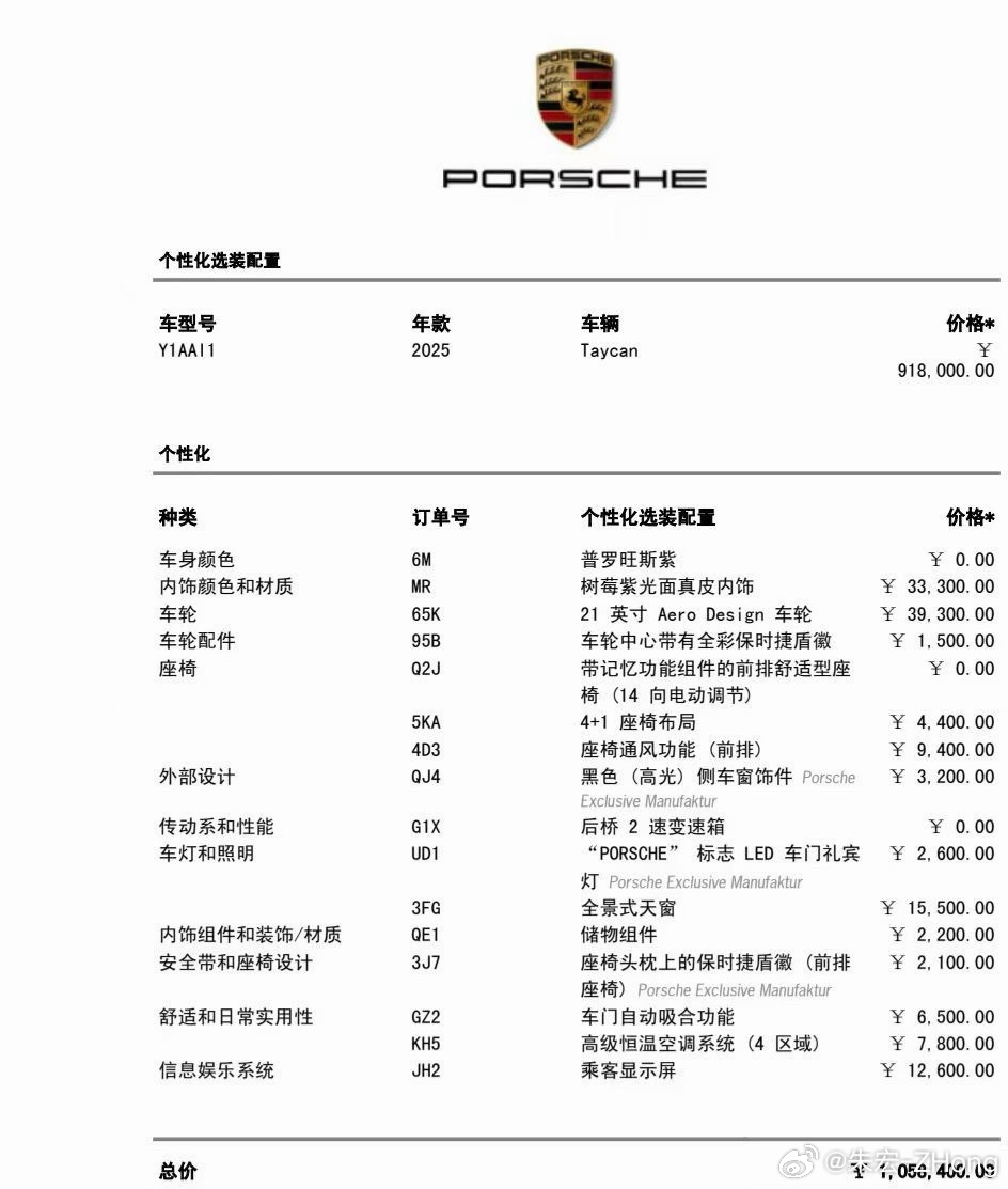 保时捷Taycan 普罗旺斯紫  电动轿跑车鼻祖原型车 指导价1058400元全
