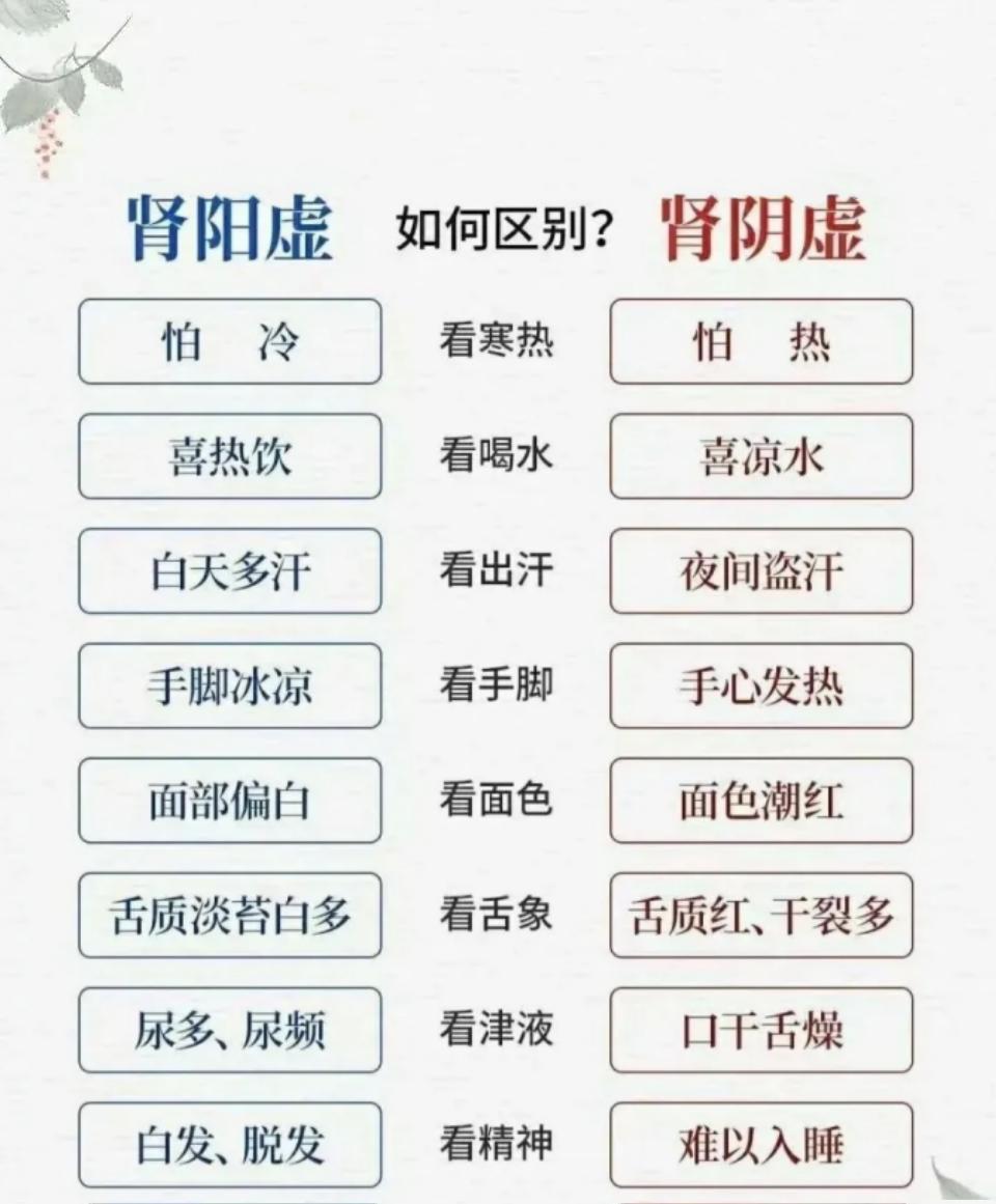 一分钟教你分辨肾阳虚、肾阴虚！
肾阴虚——六味地黄芄、知柏地黄芄
肾阳虚——金贵