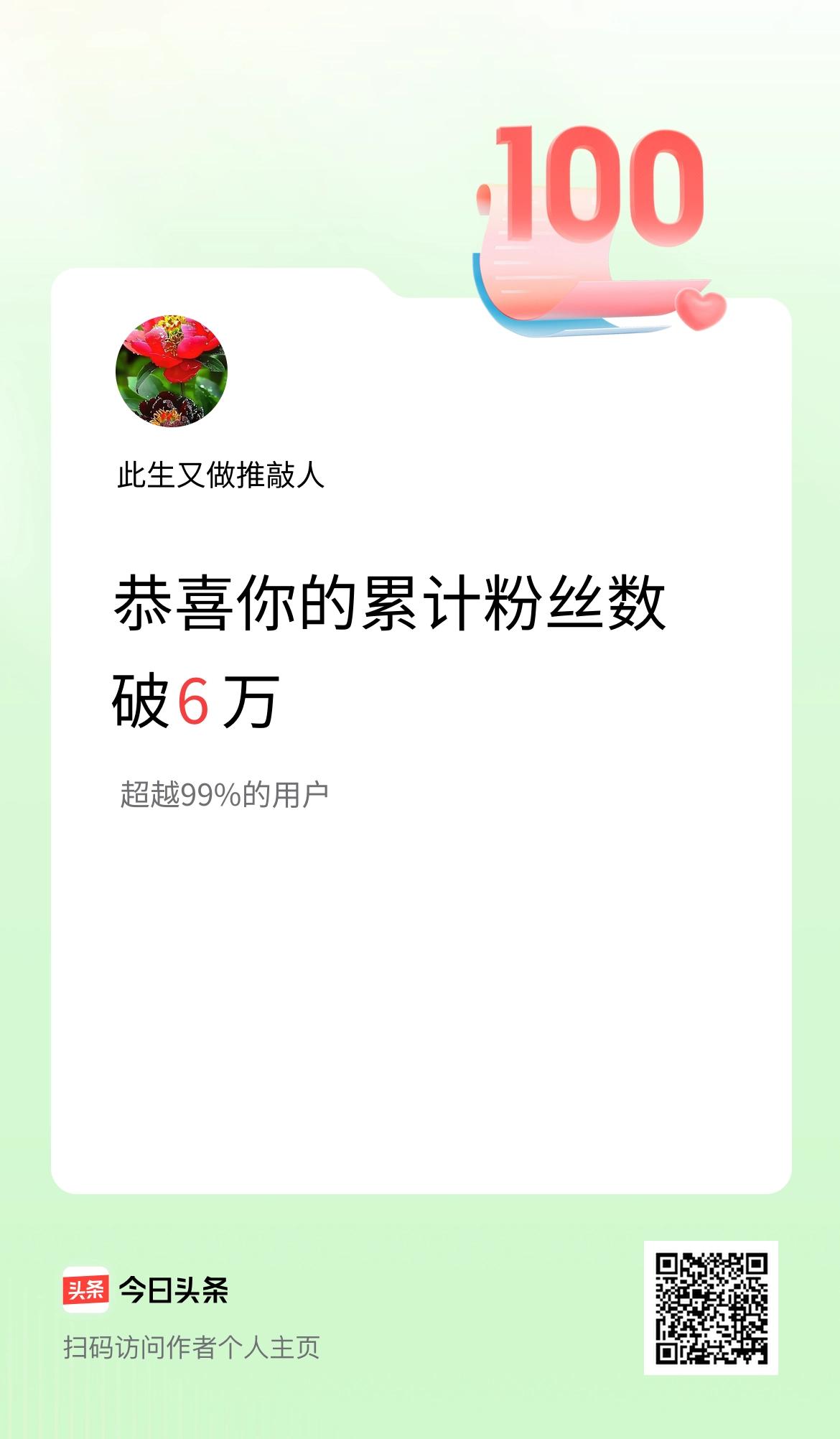 我在头条累计粉丝数破6万啦！