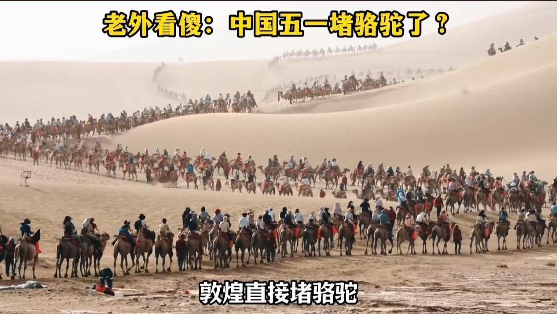 这个场面让老外看懵了！别的国家游客多顶多是堵车，中国敦煌直接堵骆驼。更有意思的是