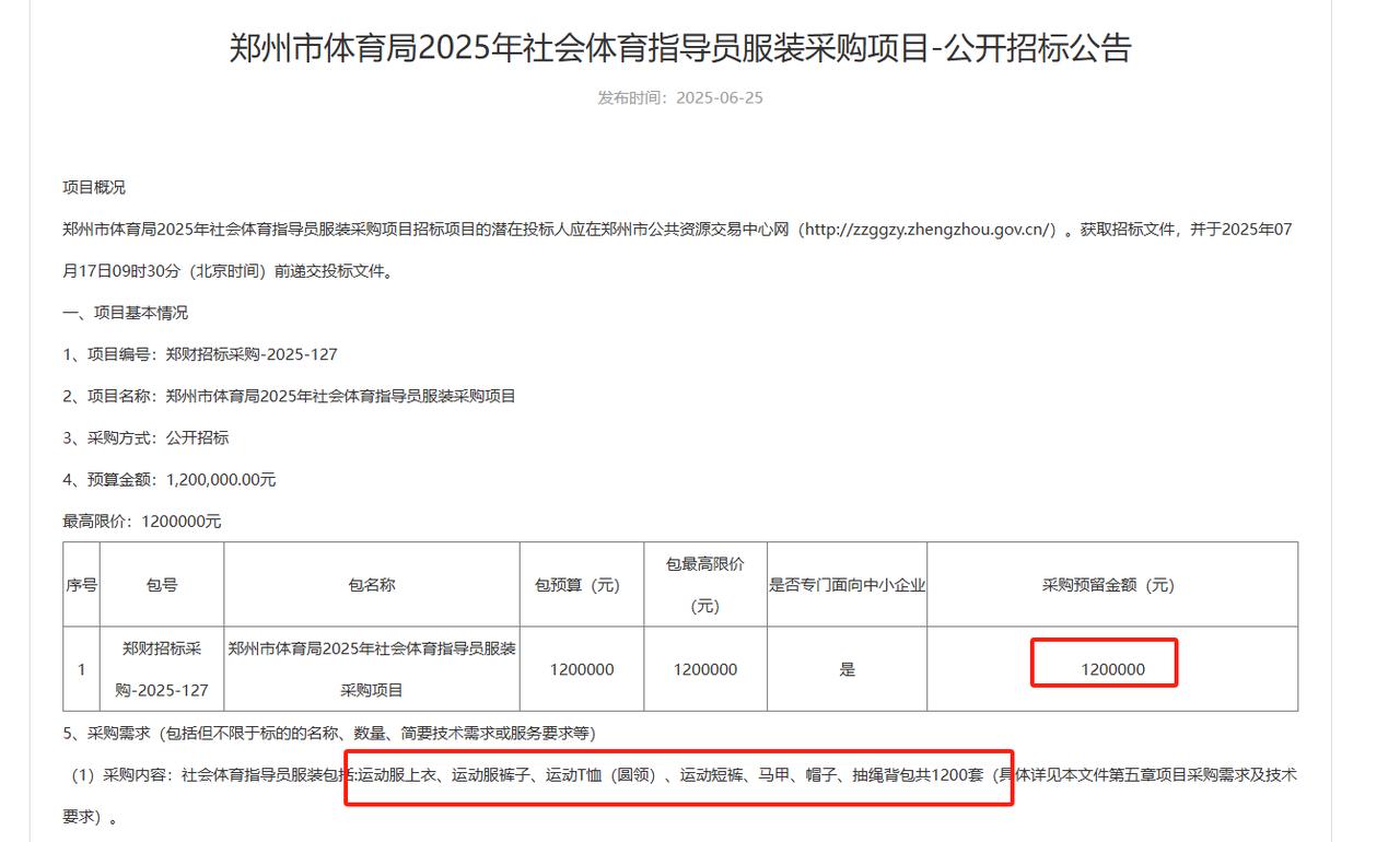 城市观察员郑州市体育局2025年社会体育指导员服装采购项目，总预算120万元，购