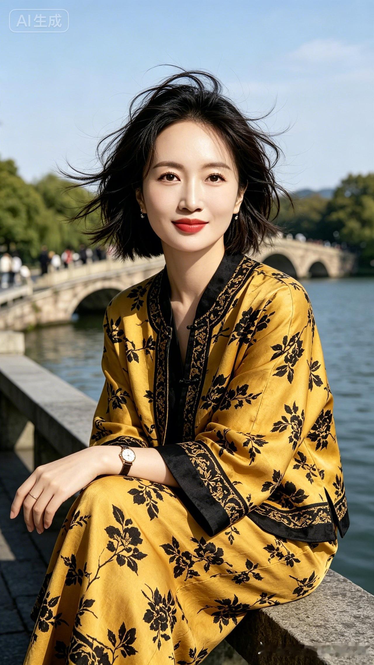 一位女孩在河边拍照，风景真美。
