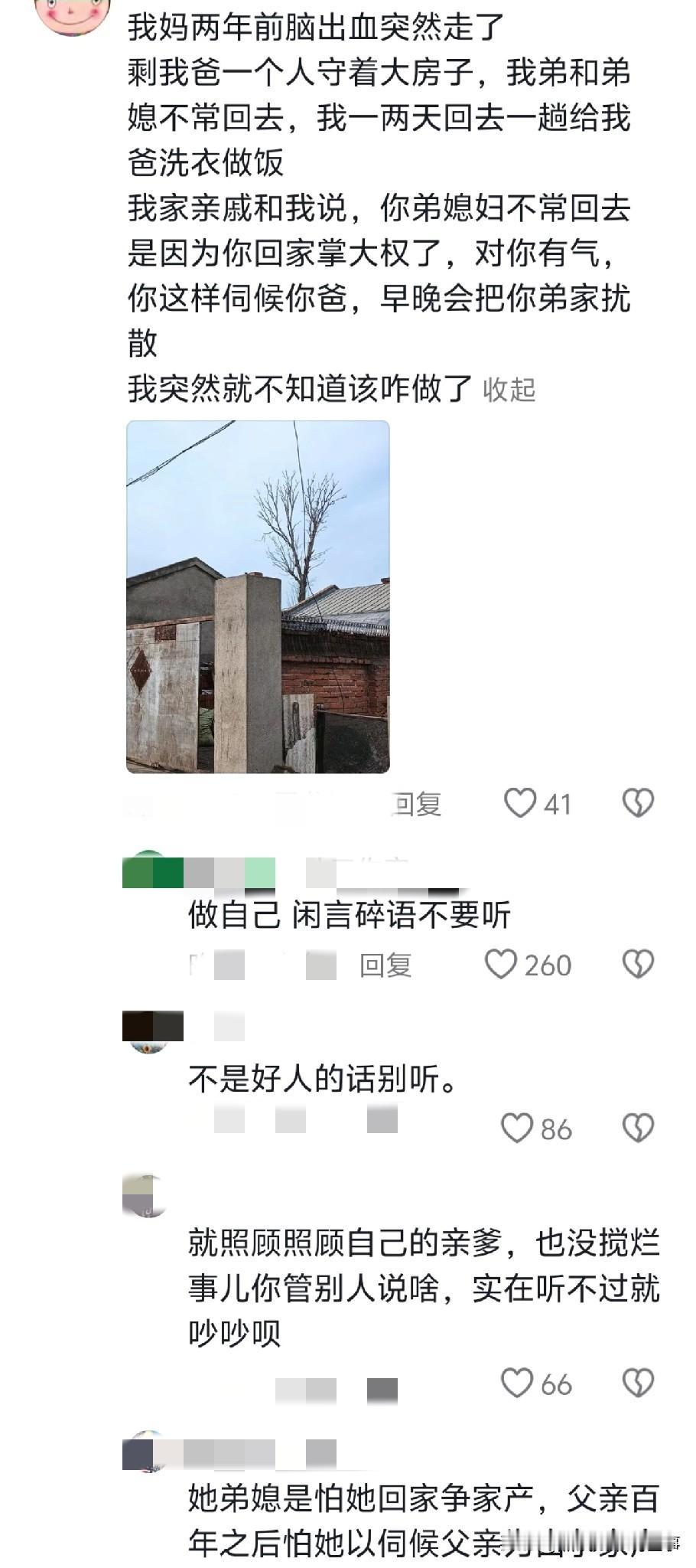 姐姐因多回家照顾父亲被弟弟弟媳嫌弃，网友的母亲两年前病逝，因心疼父亲，隔两天就回