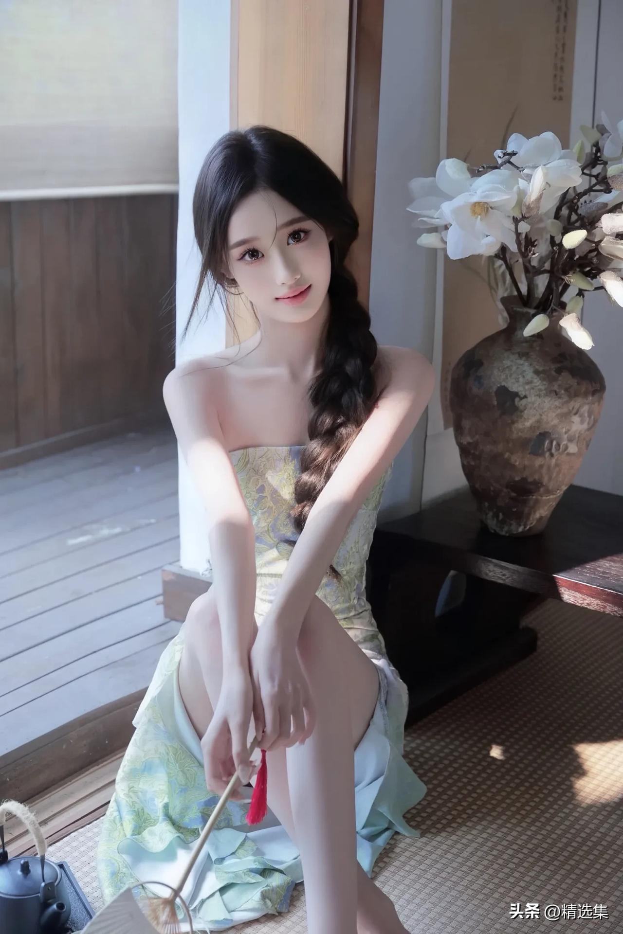 温柔古风少女，轻纱裙摆飘逸，花束相伴，静谧如画。