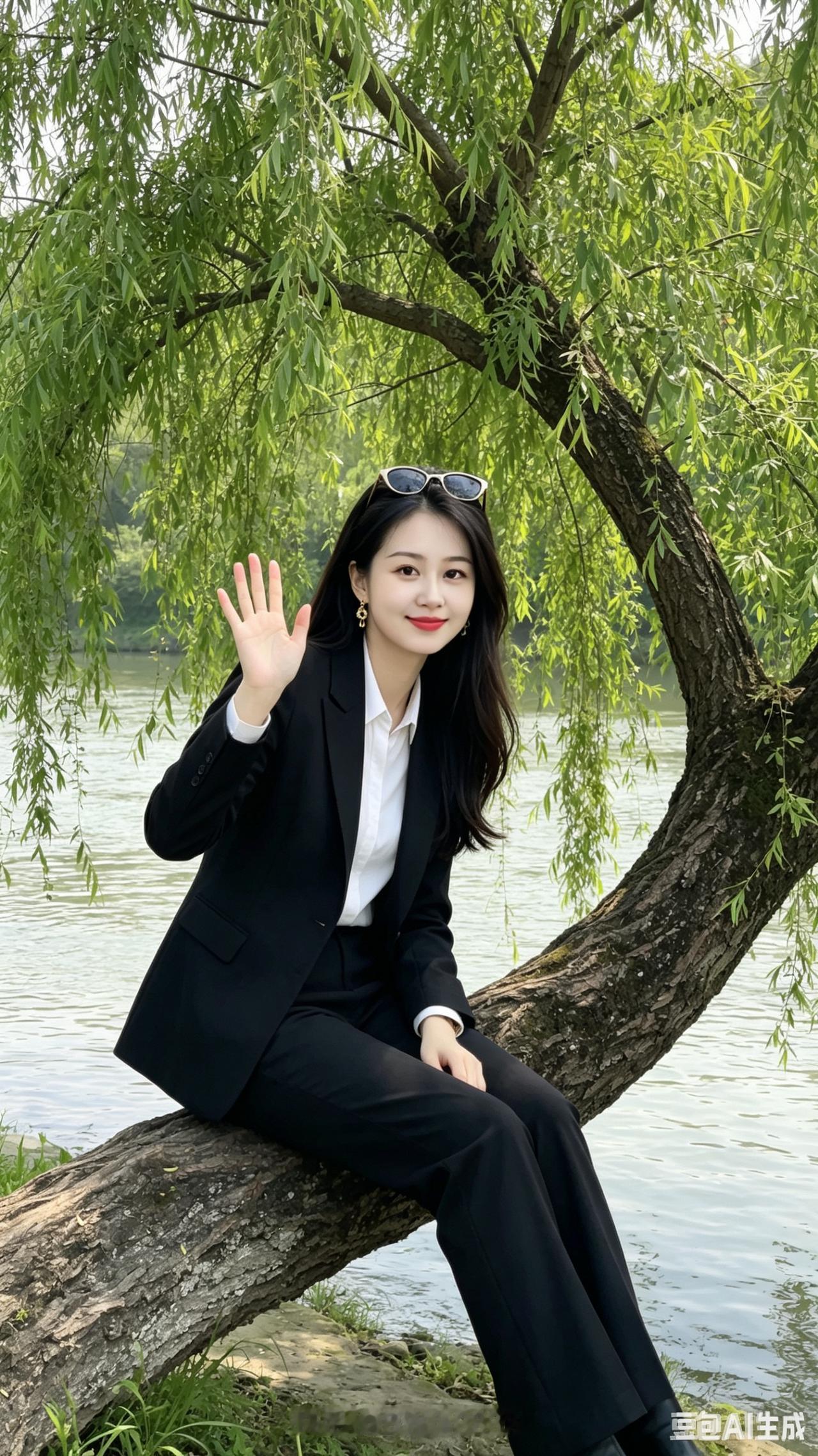 妙龄娇女坐于河畔垂柳之枝，探身含笑向我们招手。清澈河水绕岸流淌，随风摇曳的柳条更