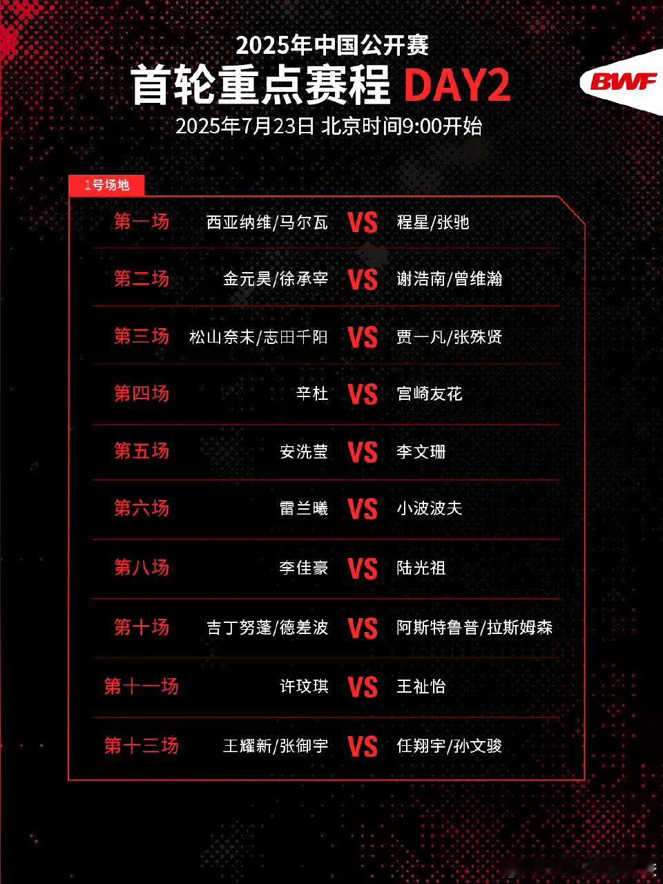 关注中国羽毛球公开赛，来看第二日赛程（见图），重点关注以下几场：

雷兰曦vs小