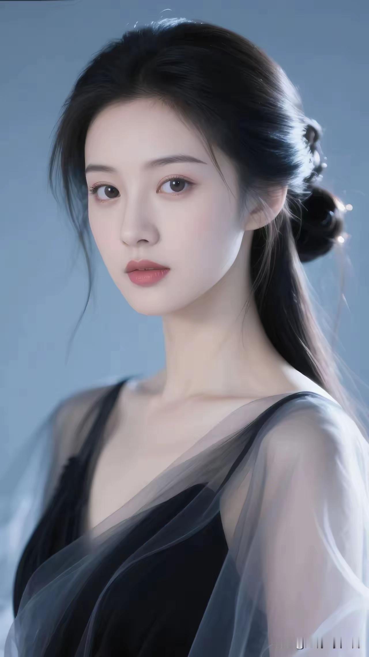 温柔的黑纱，如梦似幻的少女，静谧的蓝调背景，唯美而神秘。