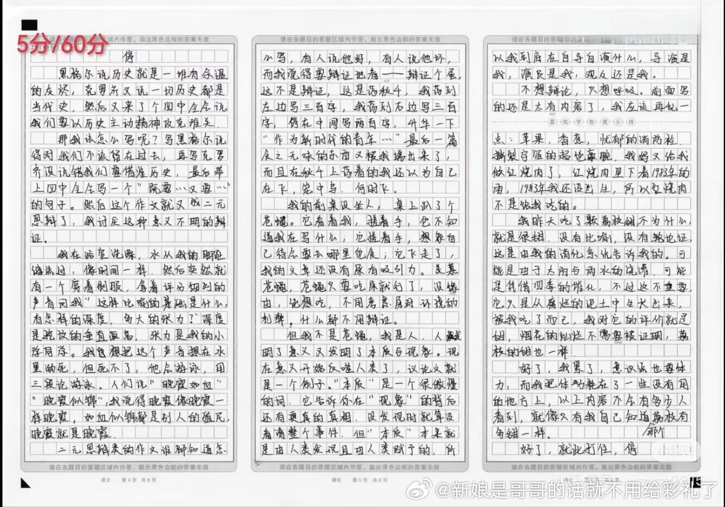 我一直觉得在方方面面上都有及其严苛和完整的评判标准的考试里写上这样一篇明知道会被