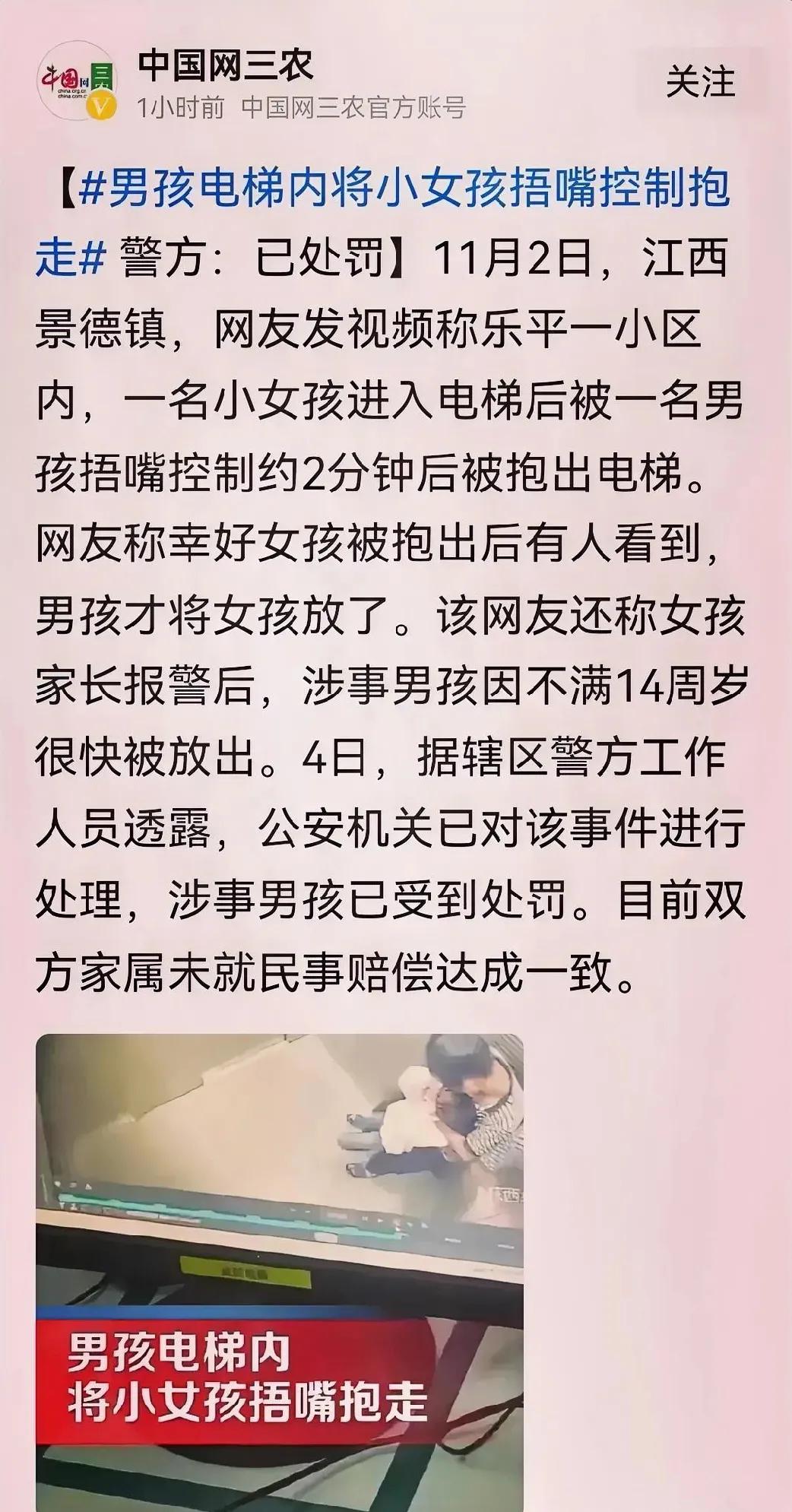 一名少年在电梯内捂住女童嘴巴，强行控制其两分钟之久，随后将她带出电梯。

幸运的