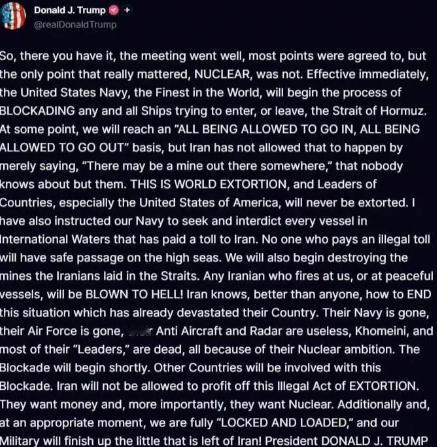 特朗普又疯了？近期特朗普在社交平台上表示自己已经让美军封锁了霍尔木兹海峡，伊朗不