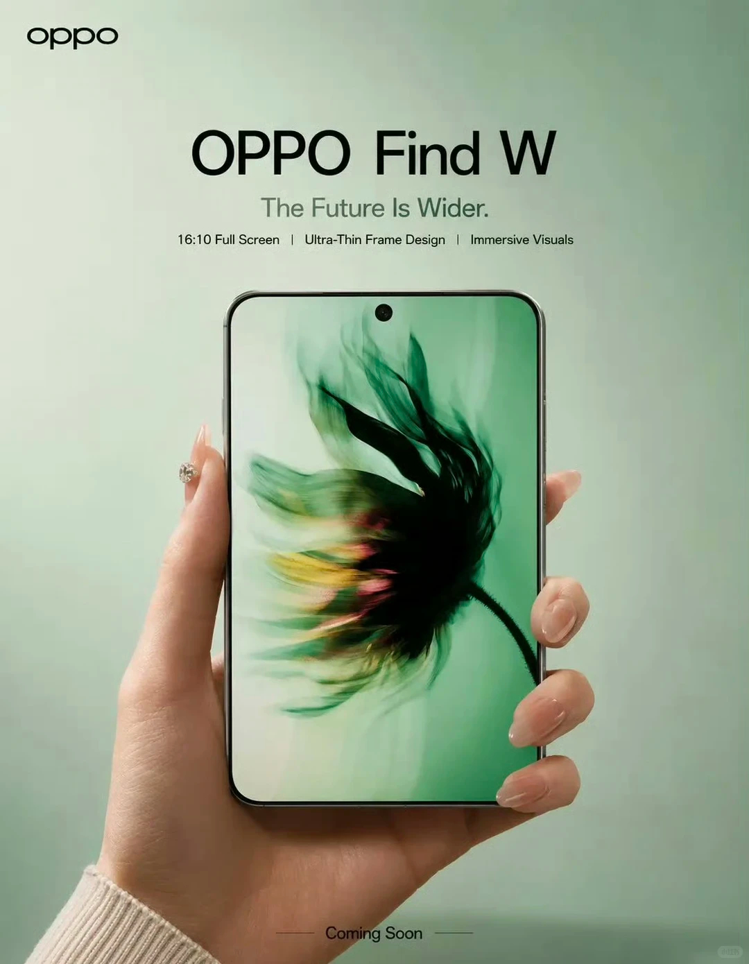 OPPO首款阔直屏，类似三星、小米Flip系列，但机身更宽。单看这张图，这种宽版