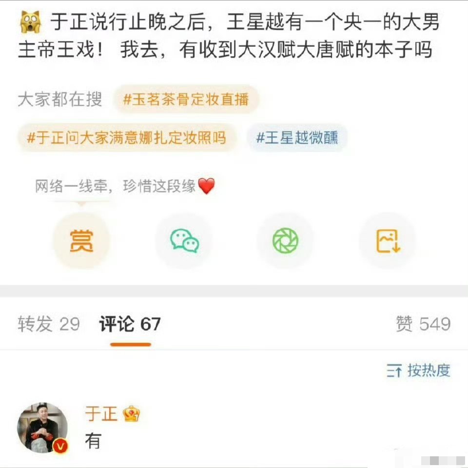 王星越，大汉赋大唐赋？于正亲口认证，央一的大男主帝王戏。科班出身就是有优势。 ​