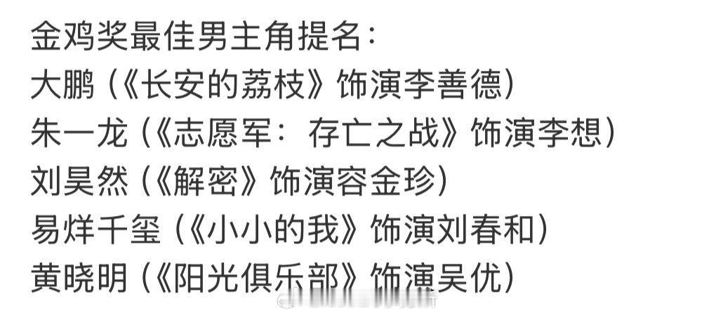 金鸡最佳男主提名 这竞争也太激烈了 ​​​