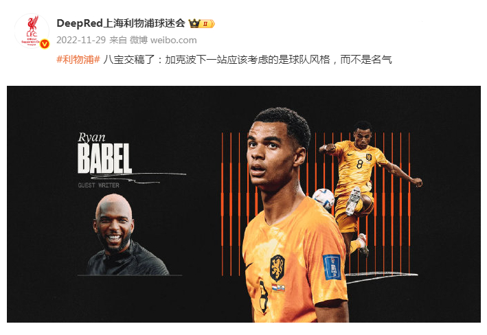 八宝在卡塔尔世界杯时写过一篇专栏关于加克波：作为一个利物浦球迷，如果利物浦有兴趣