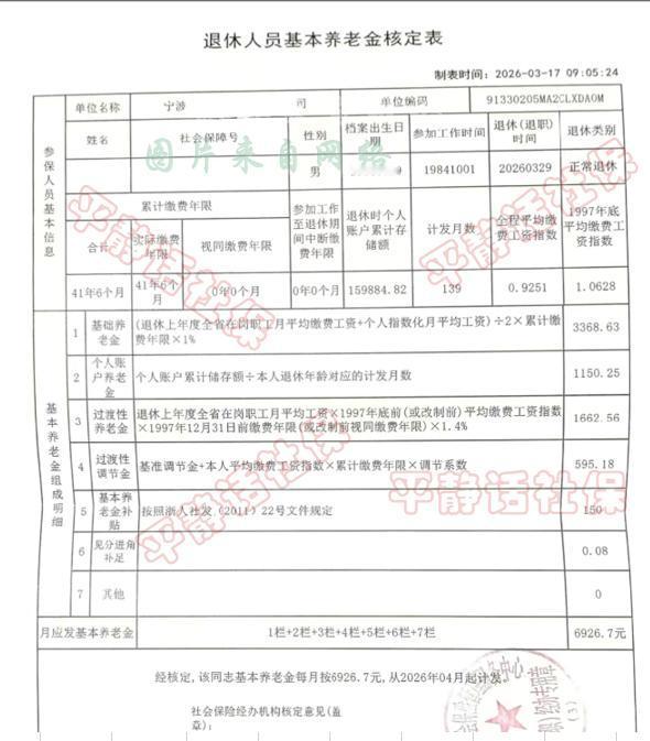浙江养老金！
假如84年上班，到26年退休，工龄一共41年半，个人账上15.99