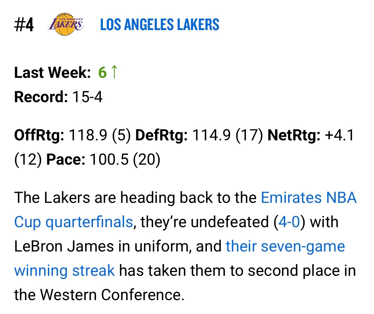 NBA官网今天更新了球队实力榜和MVP榜，湖人上升两位来到第四，东契奇继续位居第